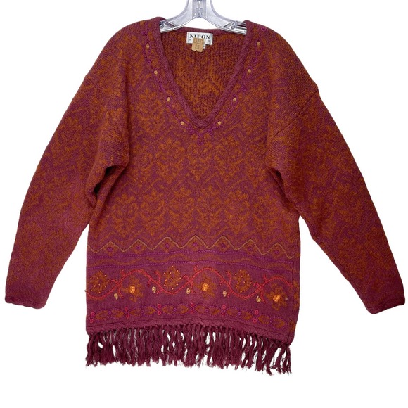 Nipon Studio Women's Vintage Sweater Embroidered Fringe Wool Cotton Red XL - Picture 5 of 16